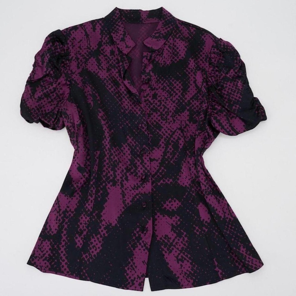 St. John Silk Blouse Purple Black Snakeskin Ruched Puff Sleeve Fitted Stretch